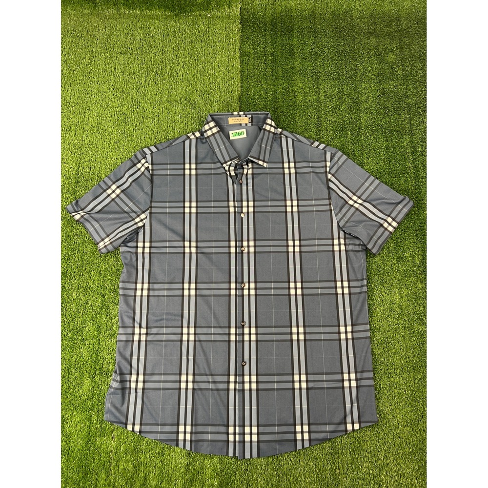 Burberry Mens Blue Check Monogram Short Sleeve Button Up Shirt 4XL Made in Italy